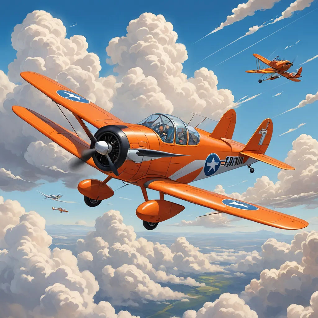 a painting of an orange airplane flying in the sky with two other planes in the background and clouds in the sky, precisionism, a detailed painting, Brothers Hildebrandt, 2 d game art