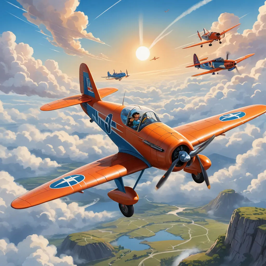 a painting of two airplanes flying over a mountain range with a sun in the background and clouds in the sky, american scene painting, an ultrafine detailed painting, Brothers Hildebrandt, sky