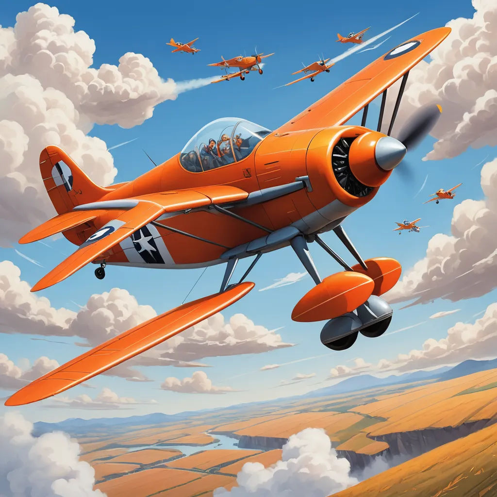 a painting of a plane flying in the sky with other planes in the background and clouds in the sky, american scene painting, an airbrush painting, Brothers Hildebrandt, orange