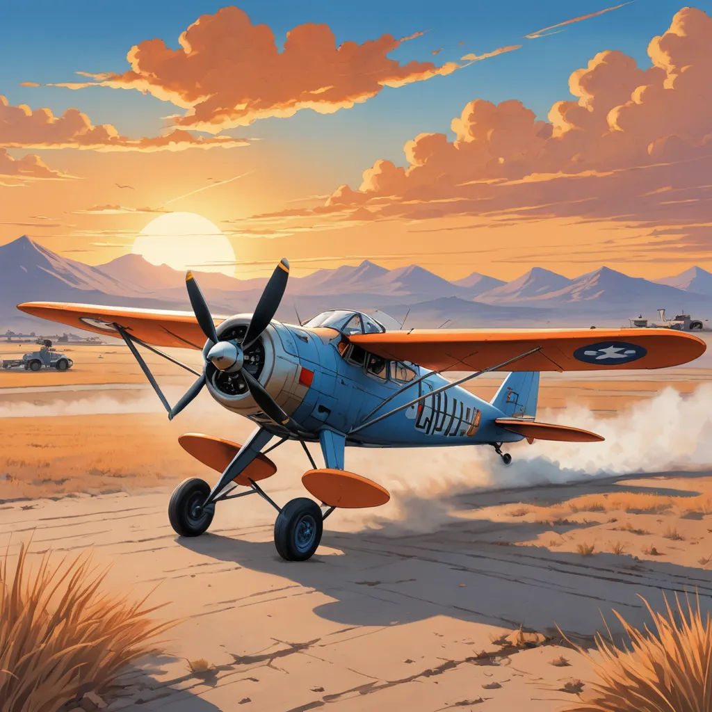 a painting of a small airplane on a desert runway with a sunset in the background and clouds in the sky, american scene painting, an airbrush painting, Alson S. Clark, western comic book art
