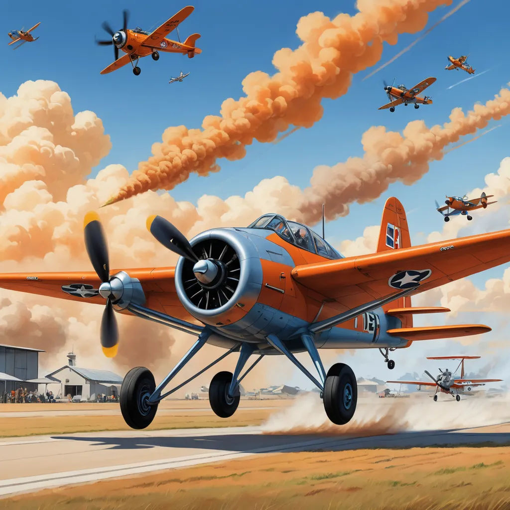 a painting of a plane taking off from a runway with other planes in the background and smoke billowing from the sky, american scene painting, an ultrafine detailed painting, Brothers Hildebrandt, orange