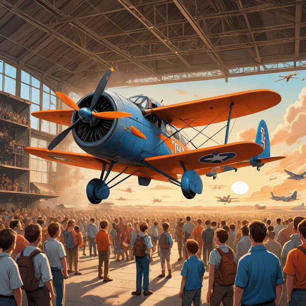 a painting of a plane flying over a crowd of people in a hangar with a plane flying overhead and a crowd of people standing around, precisionism, a storybook illustration, Brothers Hildebrandt, dan mumford. octane render
