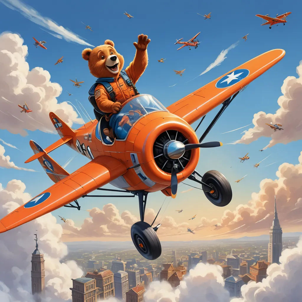 a painting of a bear flying in a plane with a city in the background and clouds in the foreground, furry art, an ultrafine detailed painting, Carl Barks, kinkade