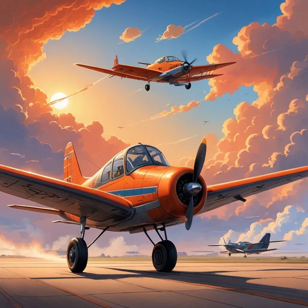 a painting of two planes flying in the sky above a runway with a sunset in the background and clouds, american scene painting, an ultrafine detailed painting, Brothers Hildebrandt, highly detailed digital painting