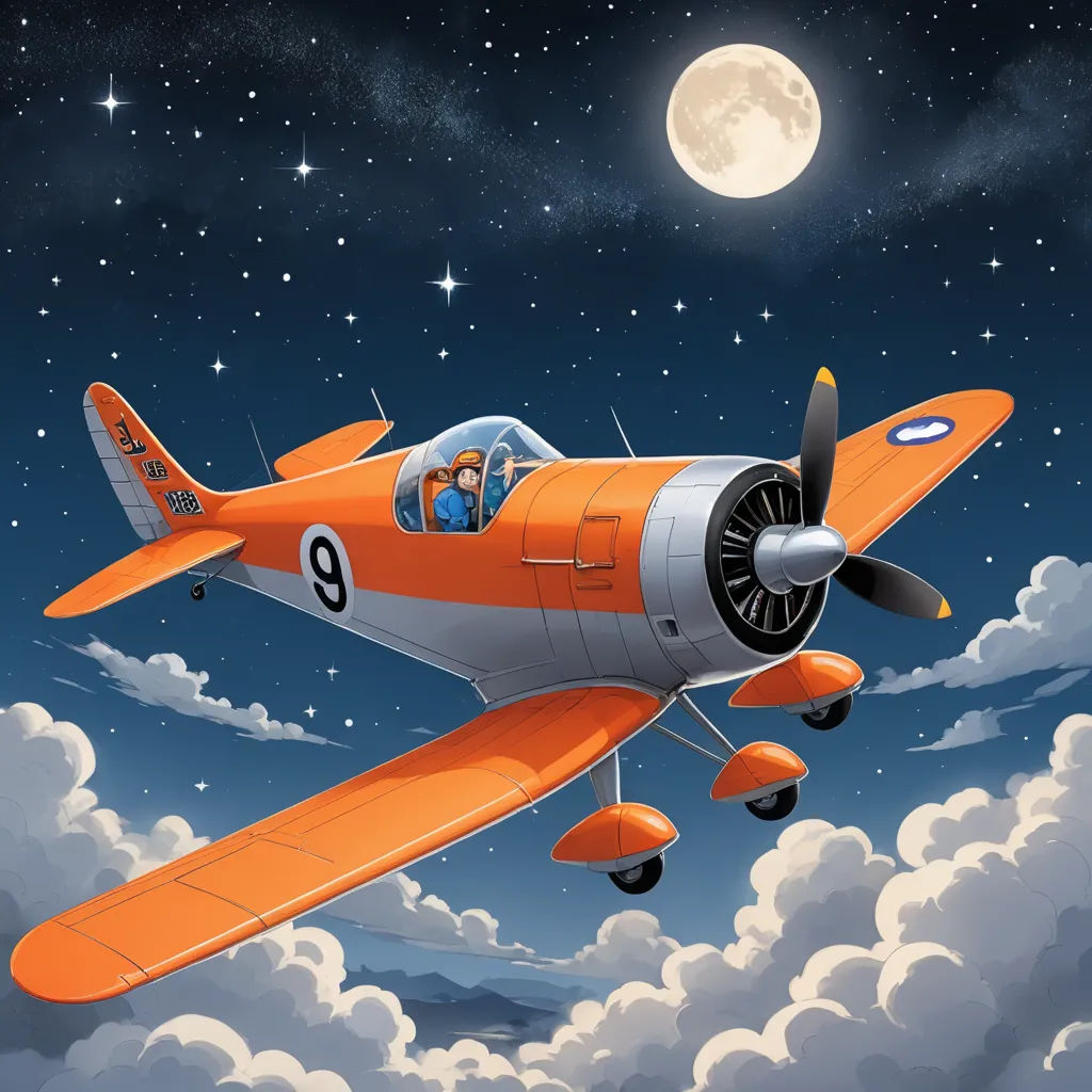 a small orange airplane flying through a cloudy sky with a full moon in the background and stars in the sky, space art, a storybook illustration, Cliff Childs, 2 d game art