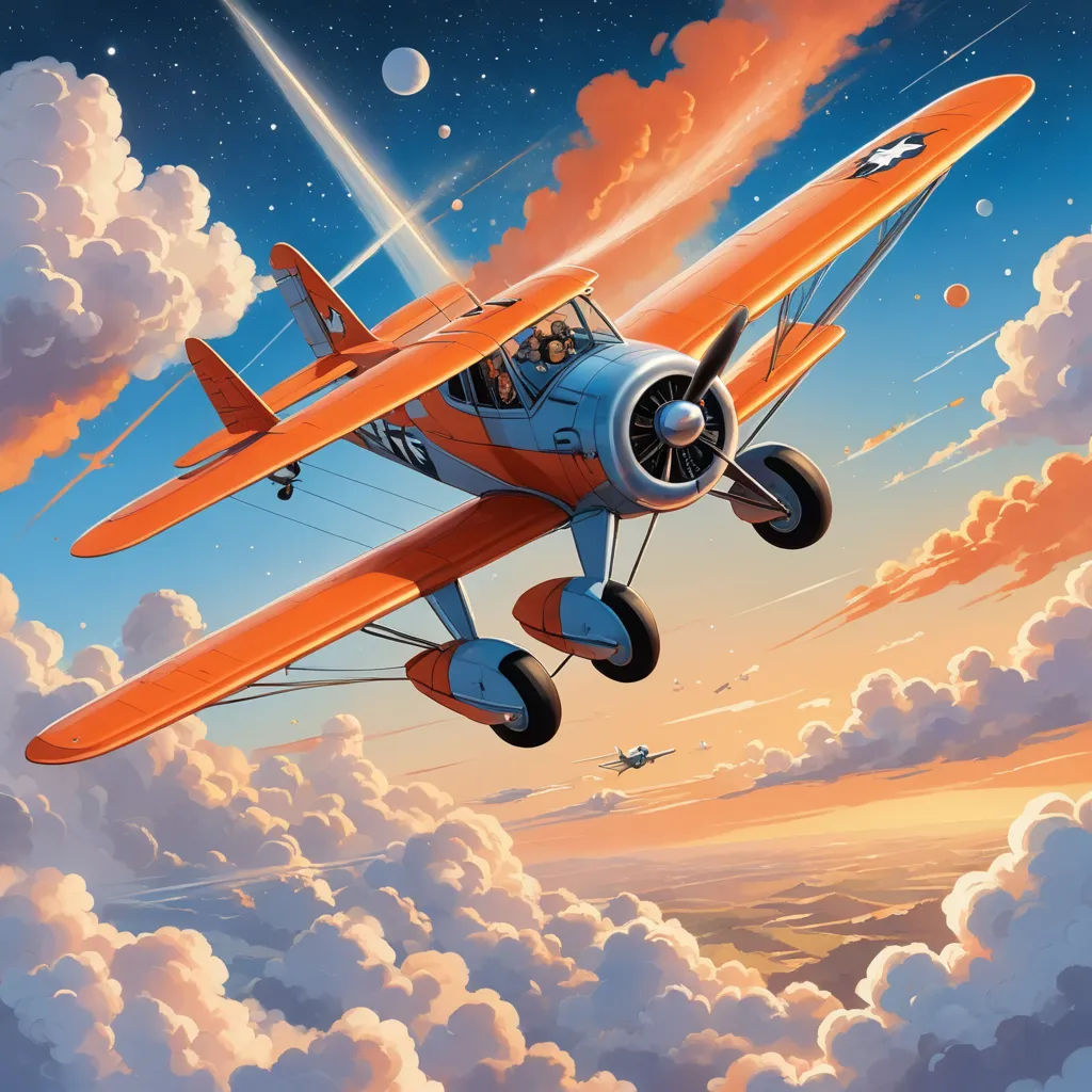 a painting of a plane flying in the sky with clouds and a star in the sky above it and a plane flying in the sky, precisionism, an art deco painting, Cliff Childs, sky