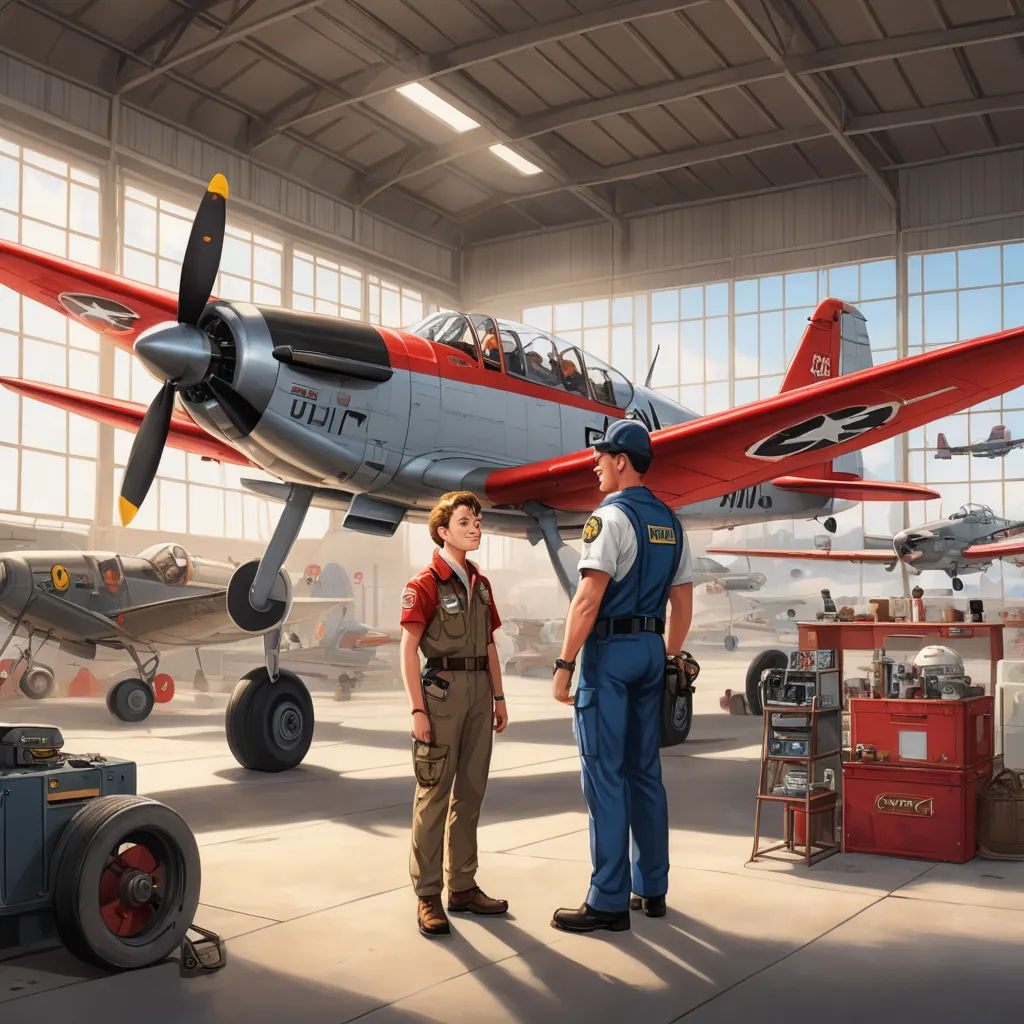 a man and a woman standing in front of a red and white plane in a hangar with other planes, american scene painting, an ultrafine detailed painting, Brothers Hildebrandt, highly detailed digital painting