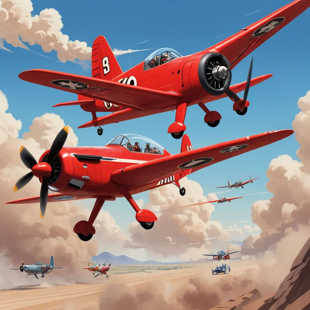 two red planes flying in the sky above a mountain range with clouds in the background and a few planes flying in the sky, precisionism, an airbrush painting, Brothers Hildebrandt, 2 d game art