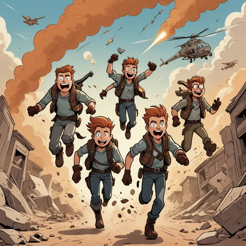 a group of cartoon characters running through a dirty area with a helicopter in the background and a helicopter flying over them, process art, a comic book panel, Cliff Childs, comic cover art