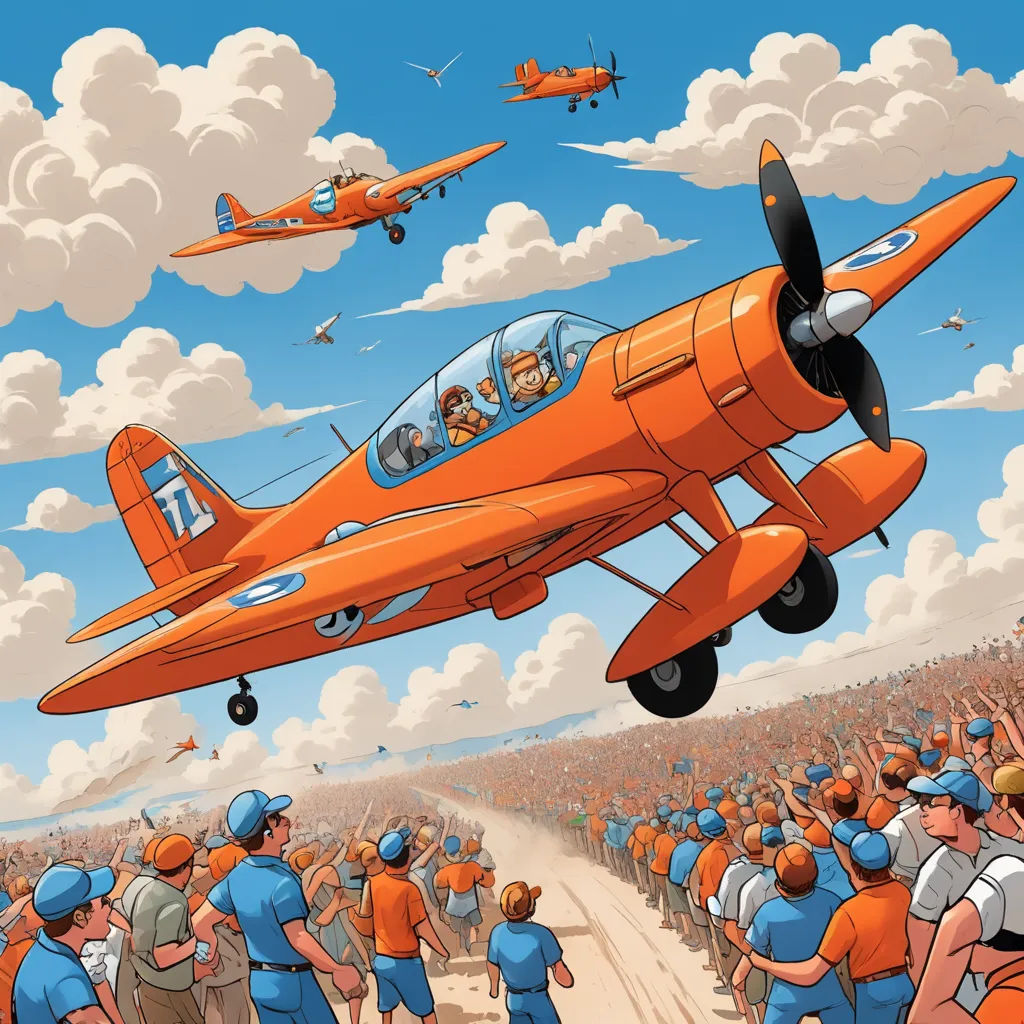 a painting of a plane flying over a crowd of people in orange shirts and blue caps on a sunny day, precisionism, an ultrafine detailed painting, Aaron Jasinski, orange