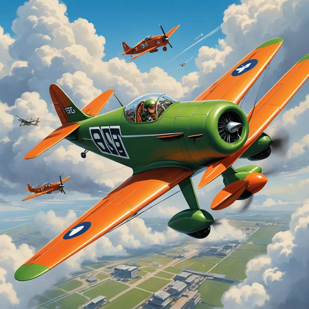a painting of a green airplane flying in the sky with other planes flying overhead in the sky above the clouds, american scene painting, an airbrush painting, Brothers Hildebrandt, highly detailed digital painting