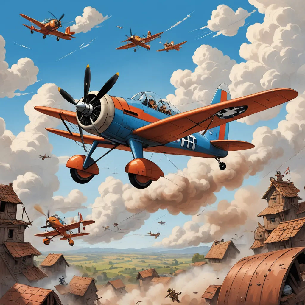 a painting of a blue and orange plane flying over a town with a sky background and a few planes, precisionism, an airbrush painting, Brothers Hildebrandt, dieselpunk