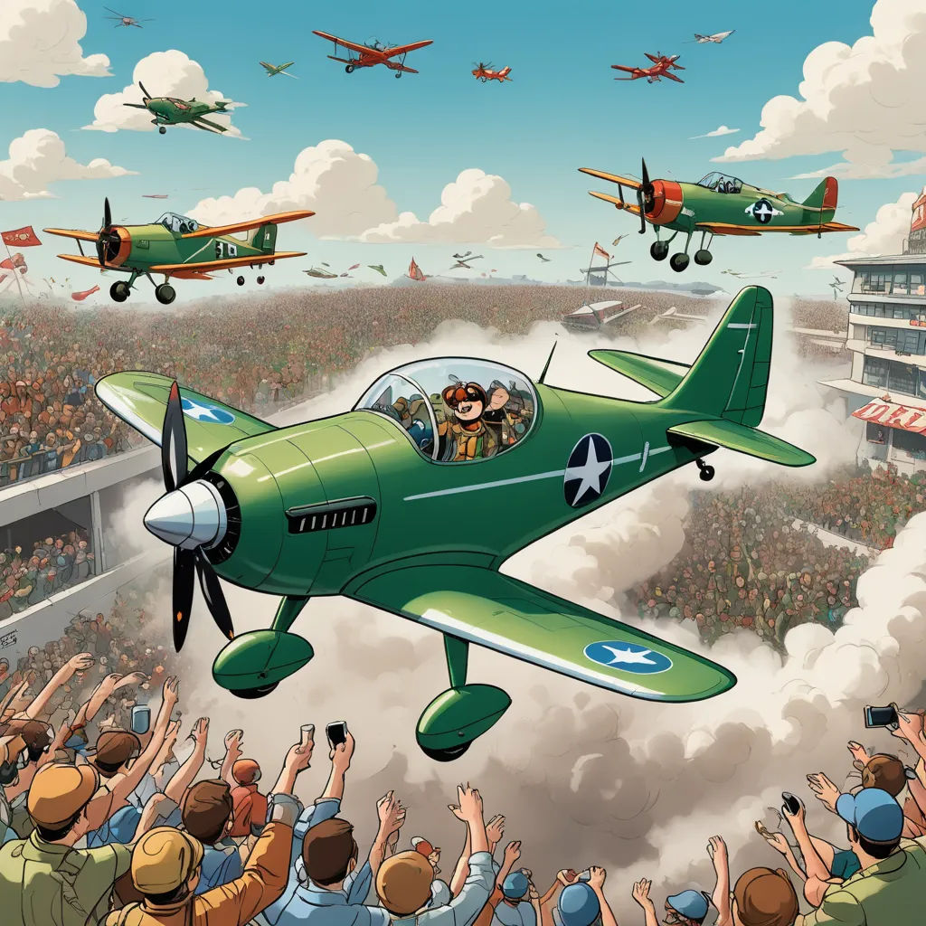 a painting of a plane flying over a crowd of people in a stadium with planes flying overhead and people taking pictures, american scene painting, a comic book panel, Carl Barks, comic cover art