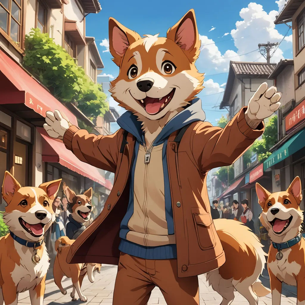 a man in a brown jacket and some dogs on a street and buildings and people in the background and a dog in the foreground, furry art, concept art, Chris LaBrooy, official art