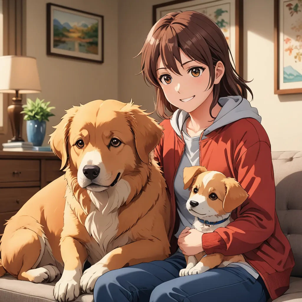 a woman sitting on a couch with a dog and a cat next to her on her lap, in a living room, american scene painting, a character portrait, Chizuko Yoshida, official art