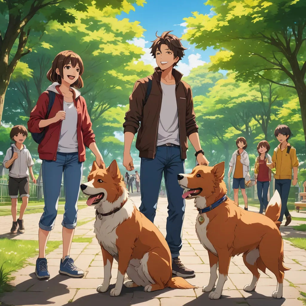 a man and woman walking two dogs in a park with other people in the background and trees in the background, sots art, concept art, Ai-Mitsu, official art