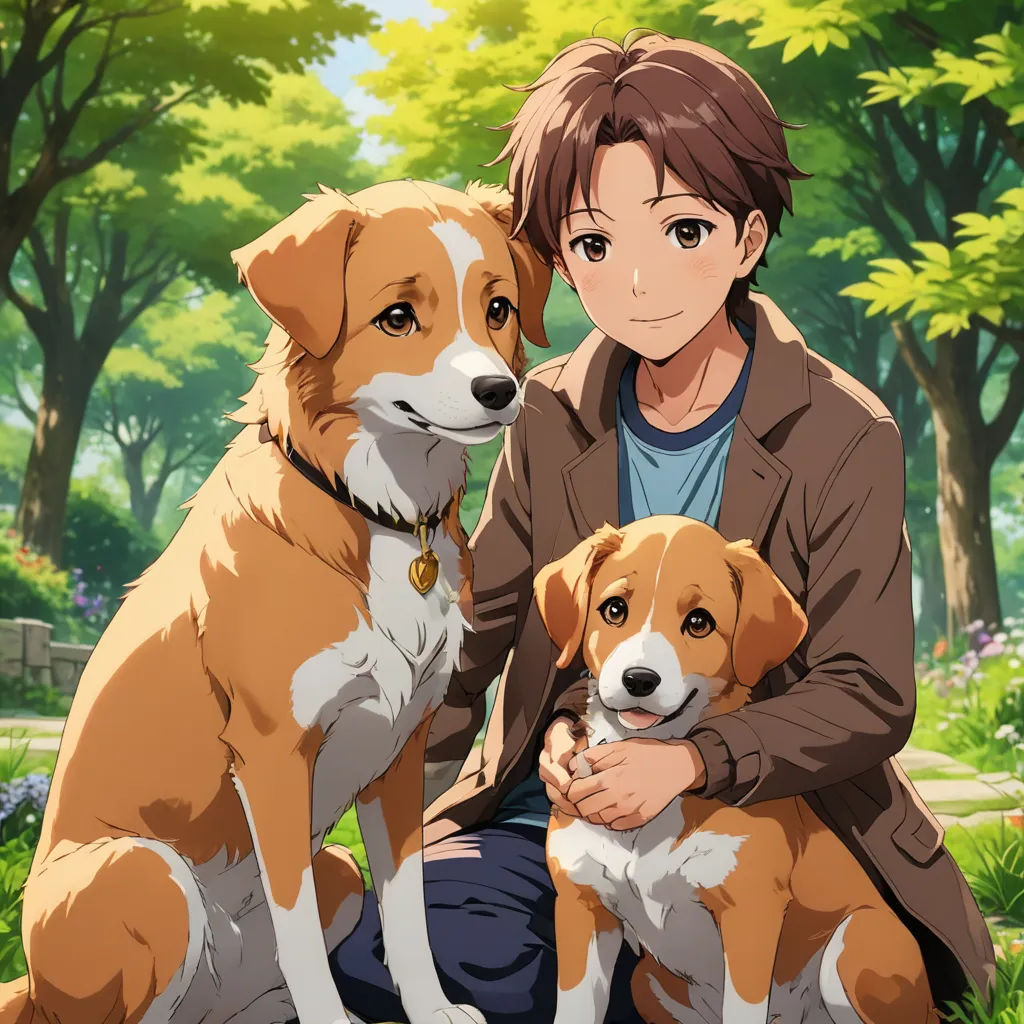 a man sitting next to two dogs in a park with trees in the background and grass in the foreground, sots art, concept art, David Dougal Williams, official art