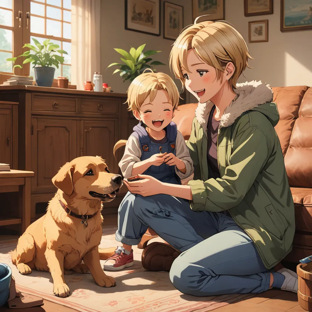 a woman and a child sitting on the floor with a dog and a cat in front of them,, american scene painting, a storybook illustration, Elizabeth Forbes, official art
