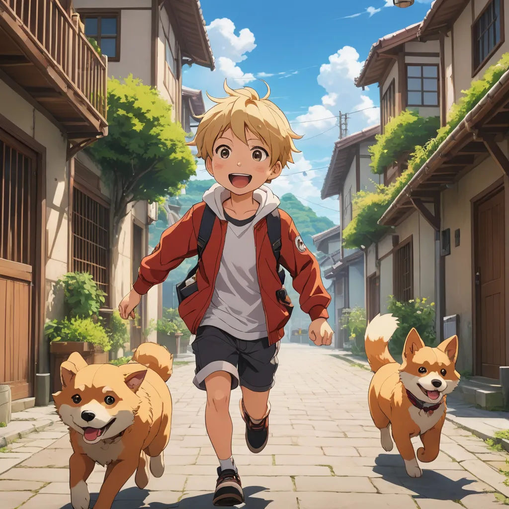 a boy running with two dogs in front of him on a street with houses and trees in the background, rayonism, concept art, Adam Manyoki, anime key visual