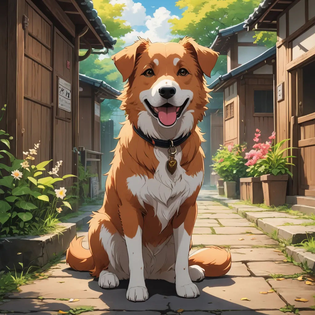 a dog sitting on a stone walkway in front of a building with a sky background and flowers in the foreground, sots art, an album cover, Ay-O, official art