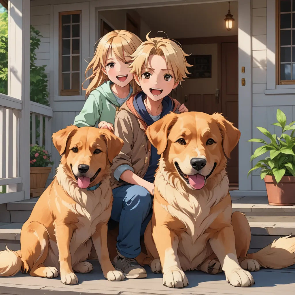 a couple of dogs sitting next to each other on a porch next to a girl and boy with blonde hair, rayonism, a detailed painting, Armin Hansen, official art