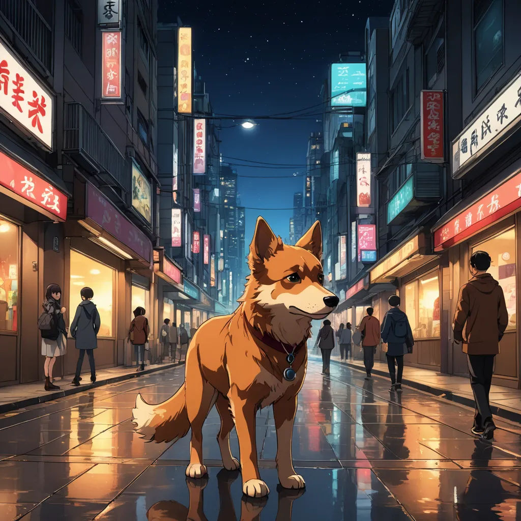 a dog standing on a city street at night with people walking by it and buildings in the background with asian signs, furry art, concept art, Aya Goda, official art