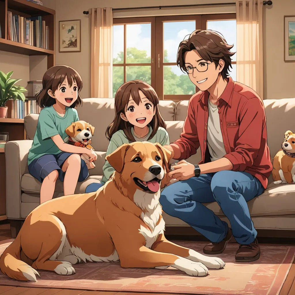 a man and two children sitting on a couch with a dog and two puppies in front of them, american scene painting, a fine art painting, Akira Toriyama, official art