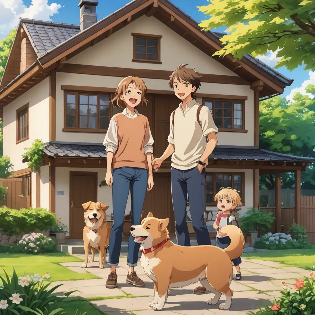 a couple of people standing in front of a house with a dog and two kids standing in front of them, sots art, a poster, Aya Goda, official art