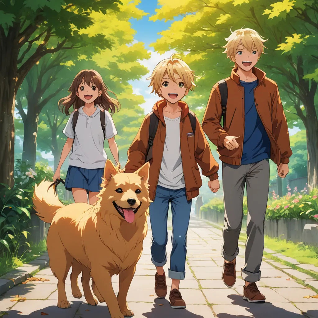 a group of people walking down a sidewalk with a dog on a leash next to them and a man in a brown jacket, rayonism, poster art, Armin Hansen, official art