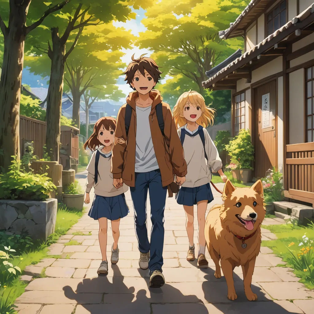 a man and two children walking with a dog on a leash down a path in front of a house, rayonism, poster art, Armin Hansen, official art