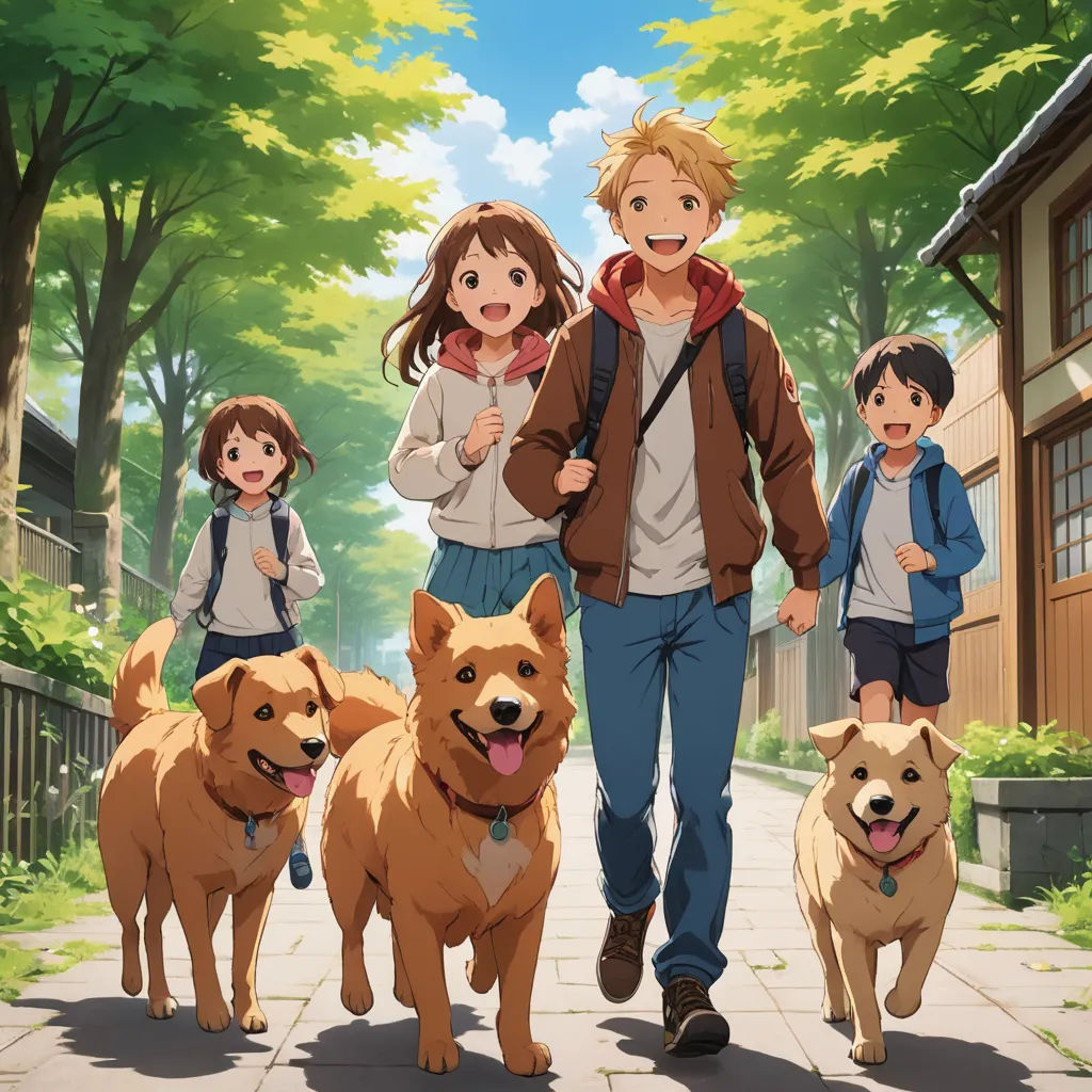 a man and woman walking with two children and two dogs on a sidewalk in front of a house with trees, rayonism, poster art, Ai-Mitsu, anime key visual