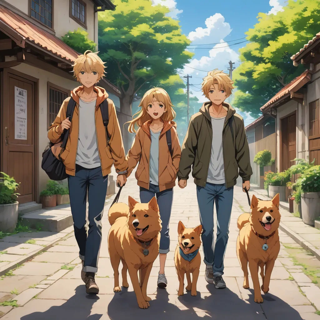 a group of people walking down a street with two dogs on leashes and a man in a brown jacket, rayonism, concept art, disney, official art