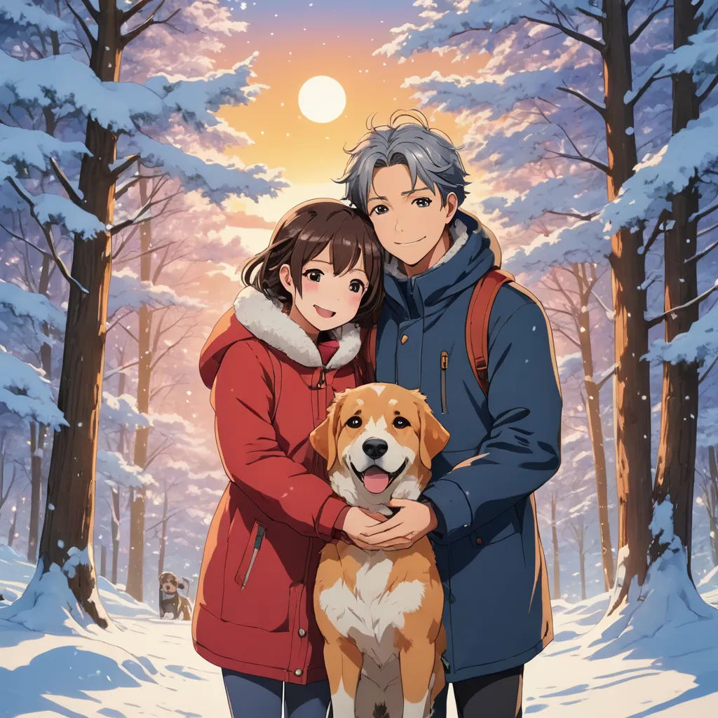 a man and woman standing in the snow with a dog in front of them, with a full moon in the background, sots art, poster art, Ai-Mitsu, official art