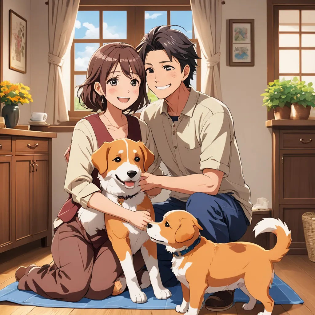 a man and woman sitting on a rug with two dogs in front of them and a kitchen with a window, sots art, a stock photo, Aya Goda, official art
