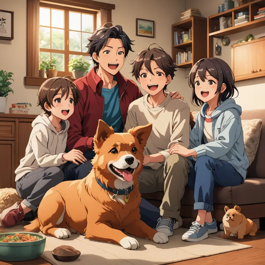 a family sitting on a couch with a dog and a bowl of food in front of them and a dog sitting on the floor, sots art, a poster, An Gyeon, official art