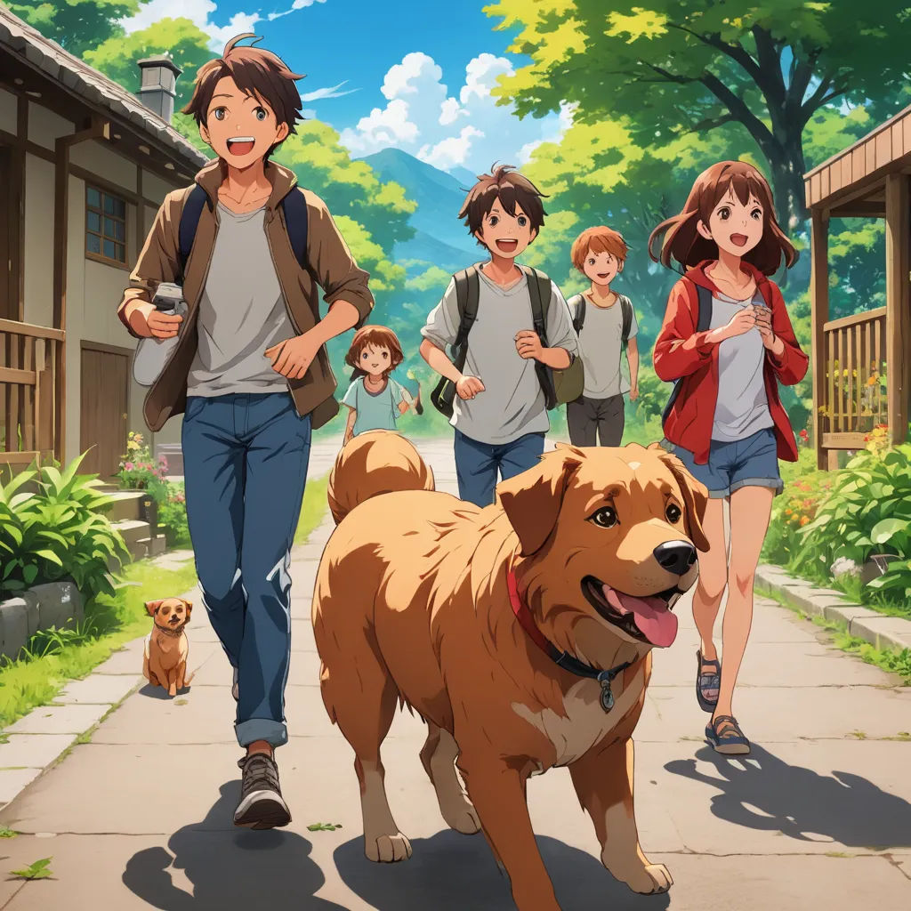 a group of people walking down a sidewalk with a dog on a leash and a dog on the ground, sots art, a poster, disney, official art