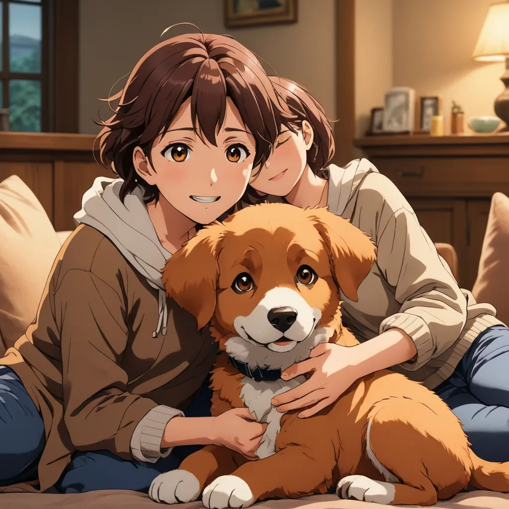 a woman sitting on a bed with a dog in her lap and a man sitting next to her with a dog, sots art, a painting, Chizuko Yoshida, official art