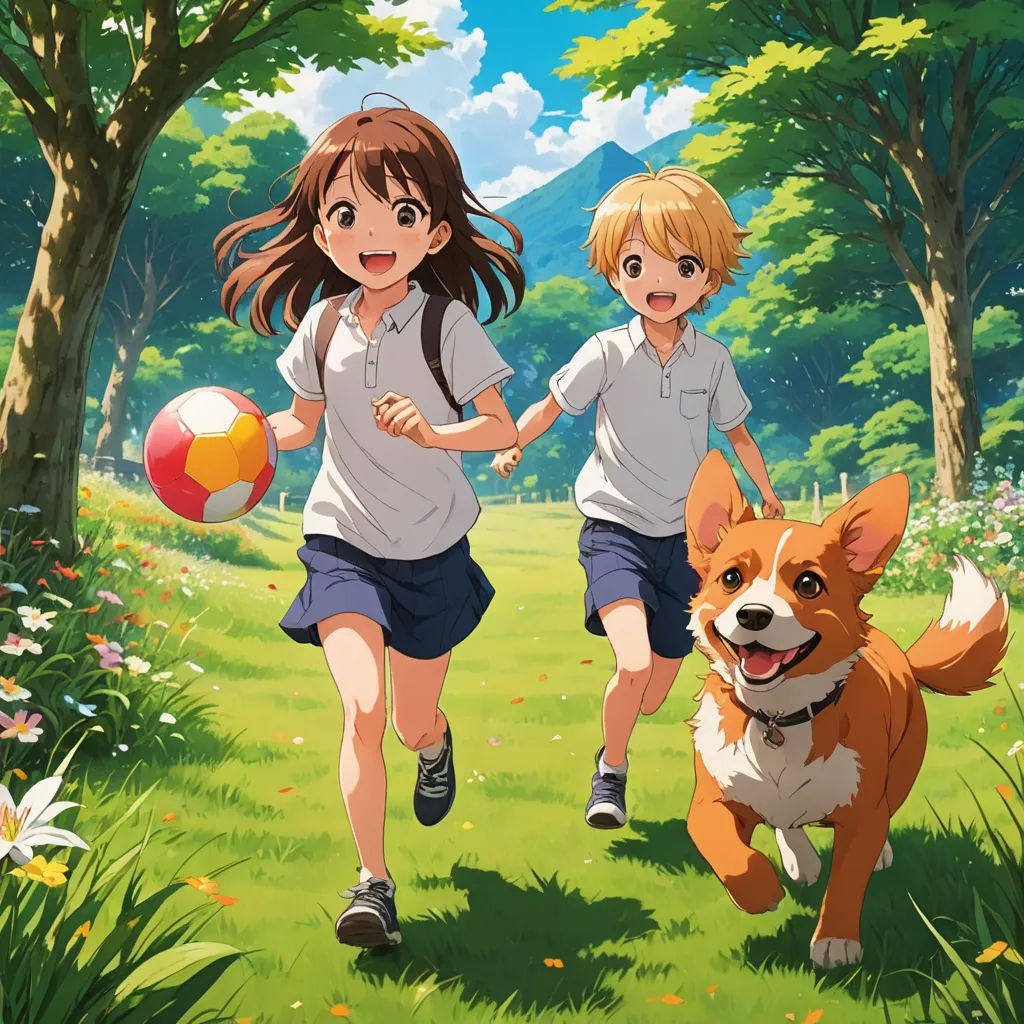 two children running with a dog in a field of grass and flowers, with a ball in the air, sots art, poster art, Ai-Mitsu, official art