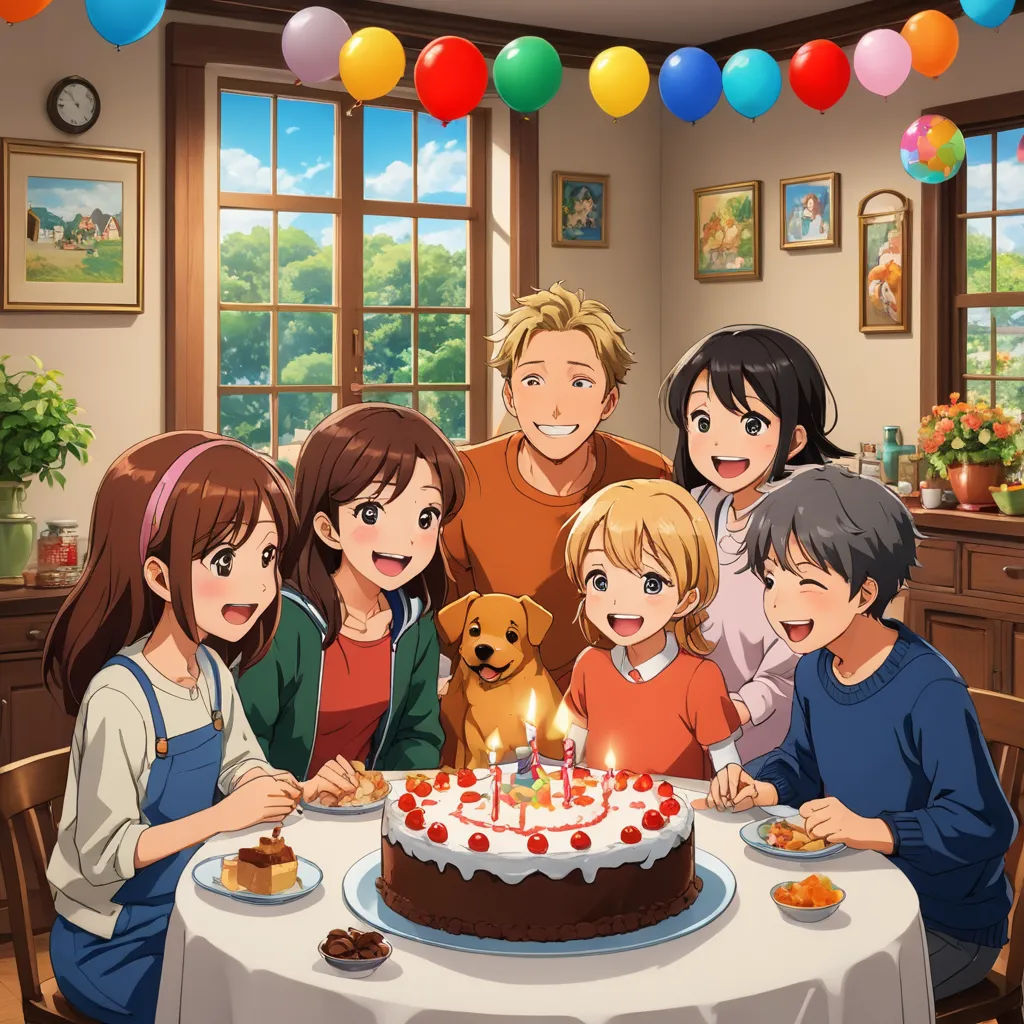 a family gathered around a birthday cake with a dog on it and a lit candle on the cake in front of them, sots art, a stock photo, Bourgeois, official art
