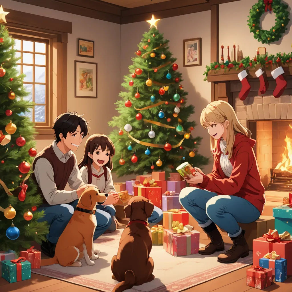 a family sitting around a christmas tree with presents and a dog in front of them and a fireplace with a christmas tree, sots art, a detailed painting, Ernest William Christmas, official art