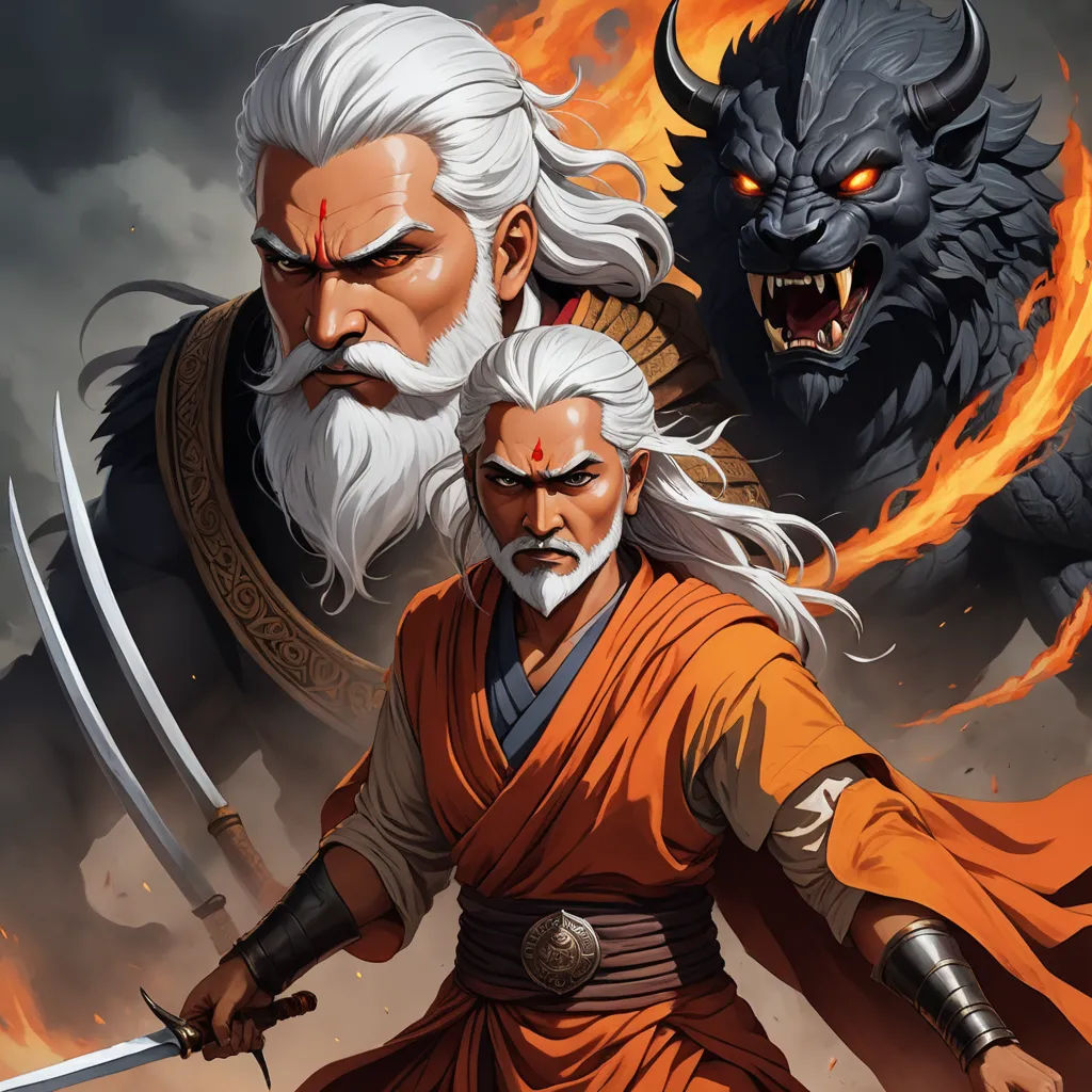 two men with white hair and beards are standing next to each other with swords in their hands and two demonic looking faces behind them, fantasy art, a comic book panel, Brothers Hildebrandt, comic cover art