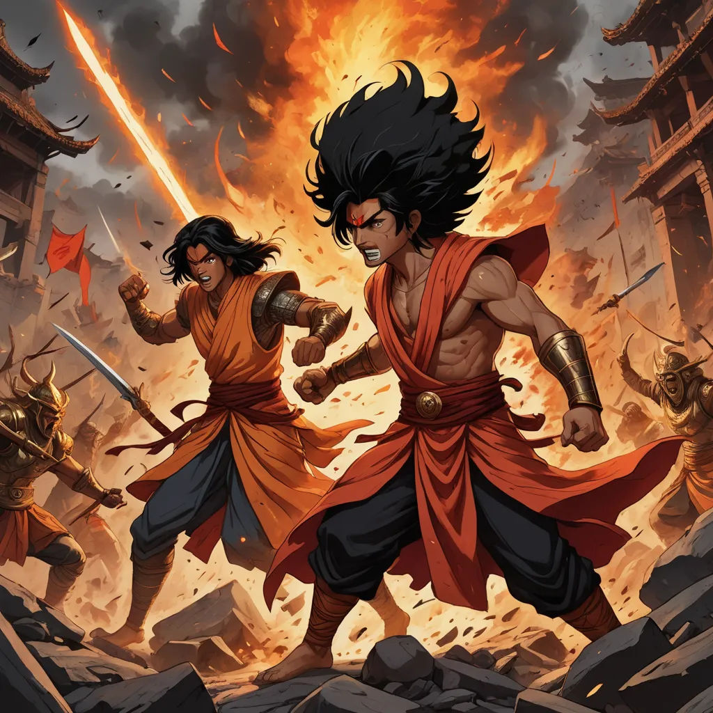 a cartoon of two men fighting in front of a fire filled sky with a sky background and a sky background, samikshavad, a comic book panel, Baiōken Eishun, comic cover art