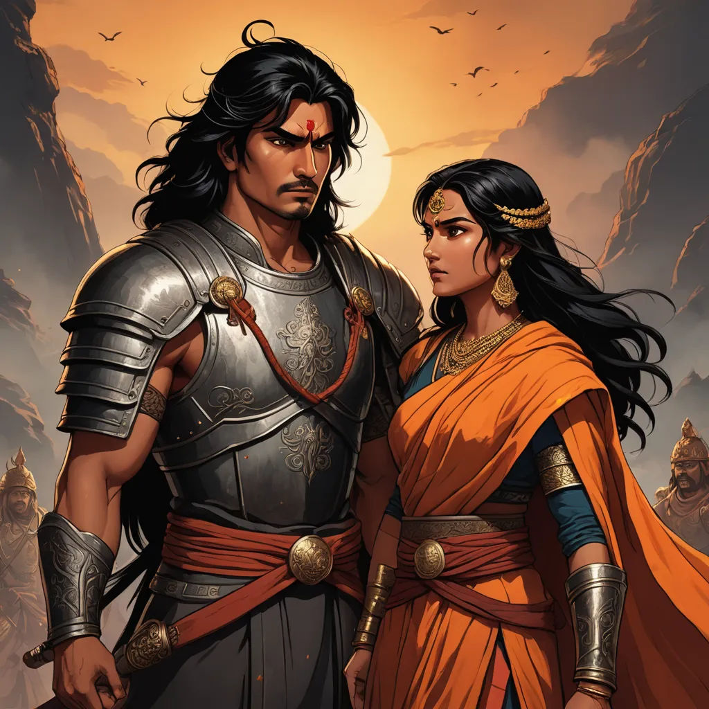 a man and woman dressed in ancient clothing standing next to each other in front of a sunset and mountains, samikshavad, a comic book panel, Altoon Sultan, comic cover art
