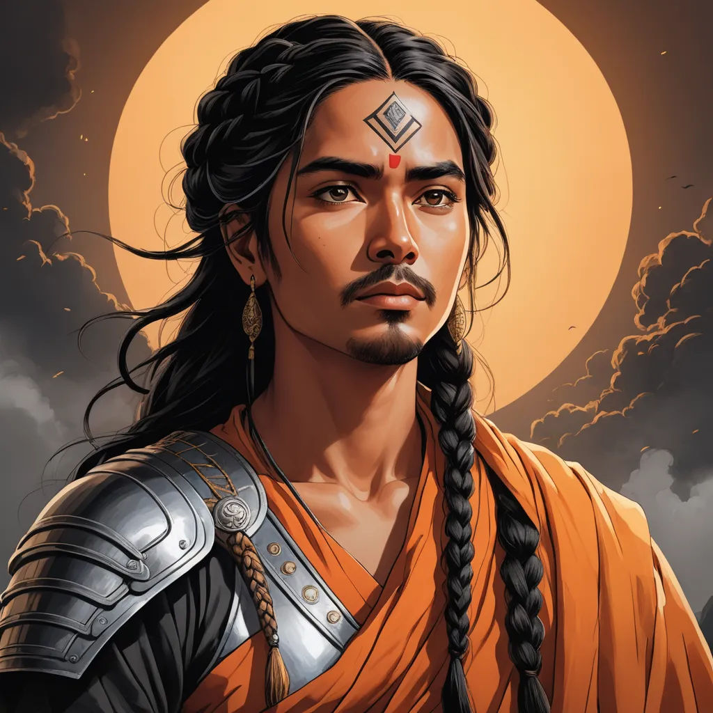 a man with long hair and a braid in front of a full moon with a chain around his neck, fantasy art, a character portrait, Dai Jin, epic fantasy character art
