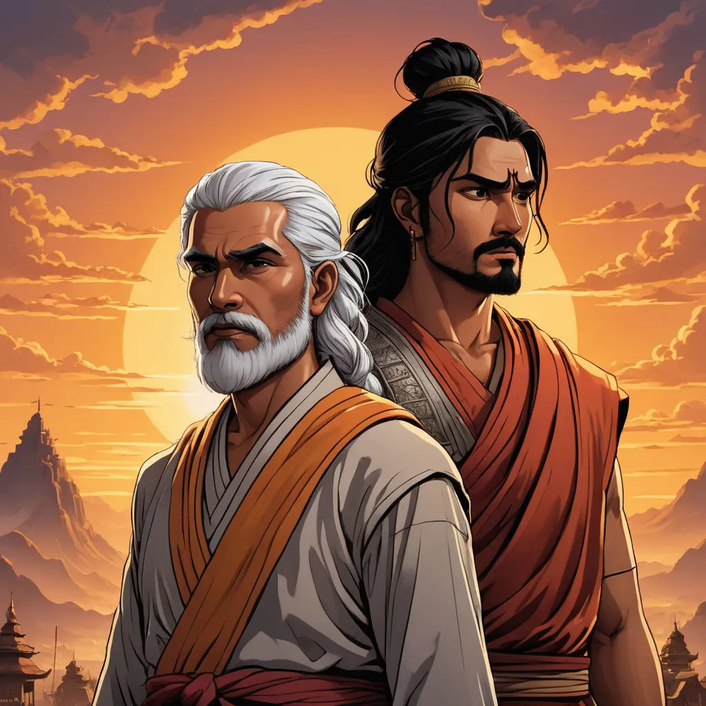 two men standing next to each other in front of a sunset with mountains and clouds in the background and a sun setting behind them, samikshavad, a comic book panel, Brothers Hildebrandt, comic cover art