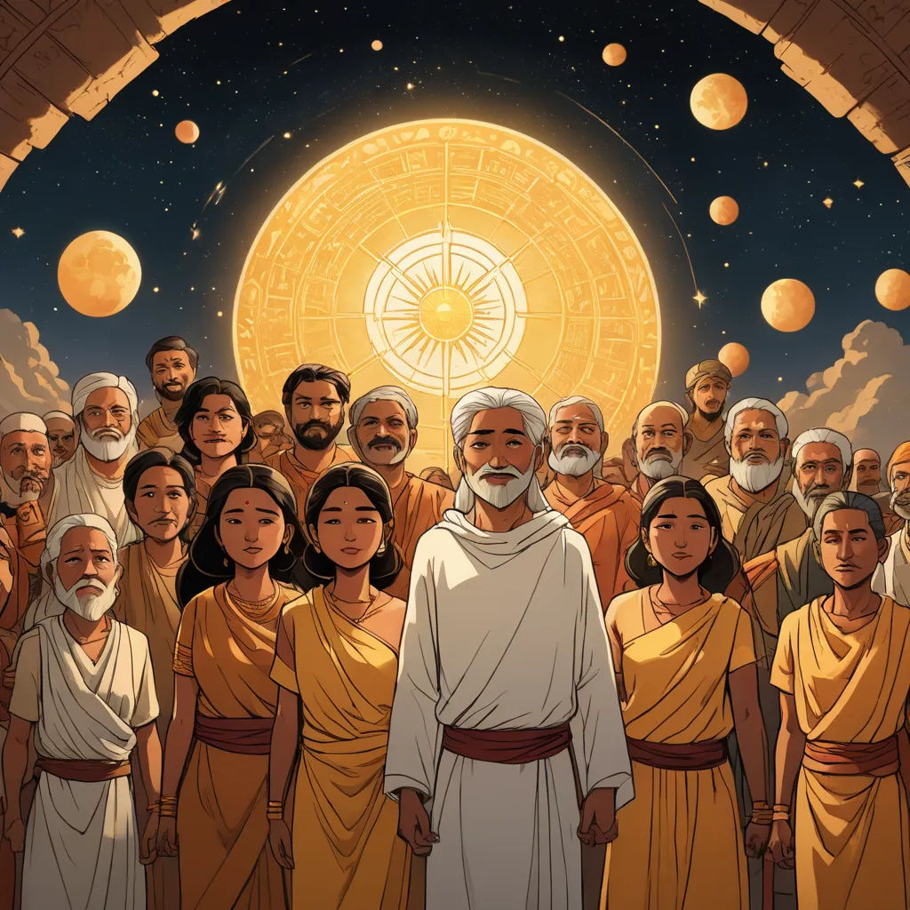 a group of people standing in front of a giant sun with a sky background and a man in the center, space art, poster art, Asaf Hanuka, comic cover art