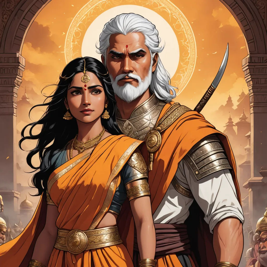 a man and woman dressed in ancient greek costumes, standing next to each other, with a golden background, samikshavad, a comic book panel, Bholekar Srihari, comic cover art