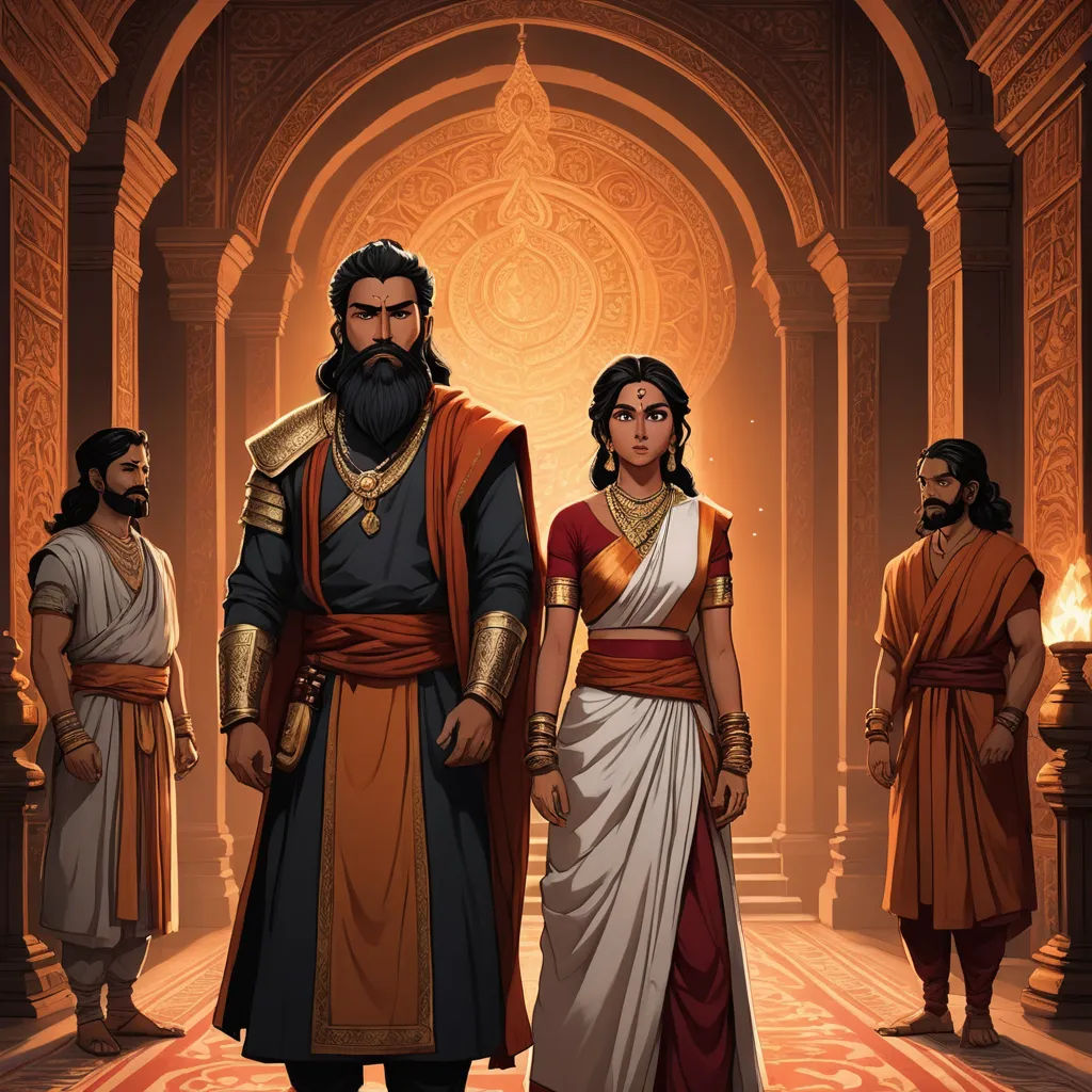 a group of people standing in a hallway next to each other in ancient costumes and with a beard and a beard, samikshavad, a storybook illustration, Bholekar Srihari, official art