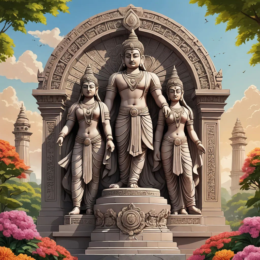 a statue of two men and a woman standing next to each other in front of a garden with flowers, samikshavad, an ambient occlusion render, Anthony Devas, highly detailed digital painting