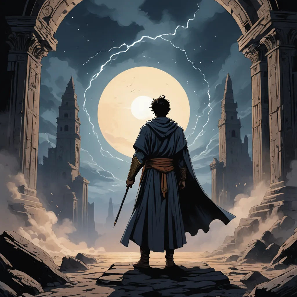 a man standing in front of a doorway with a sword in his hand and a full moon in the background, fantasy art, concept art, Dirk Crabeth, comic cover art